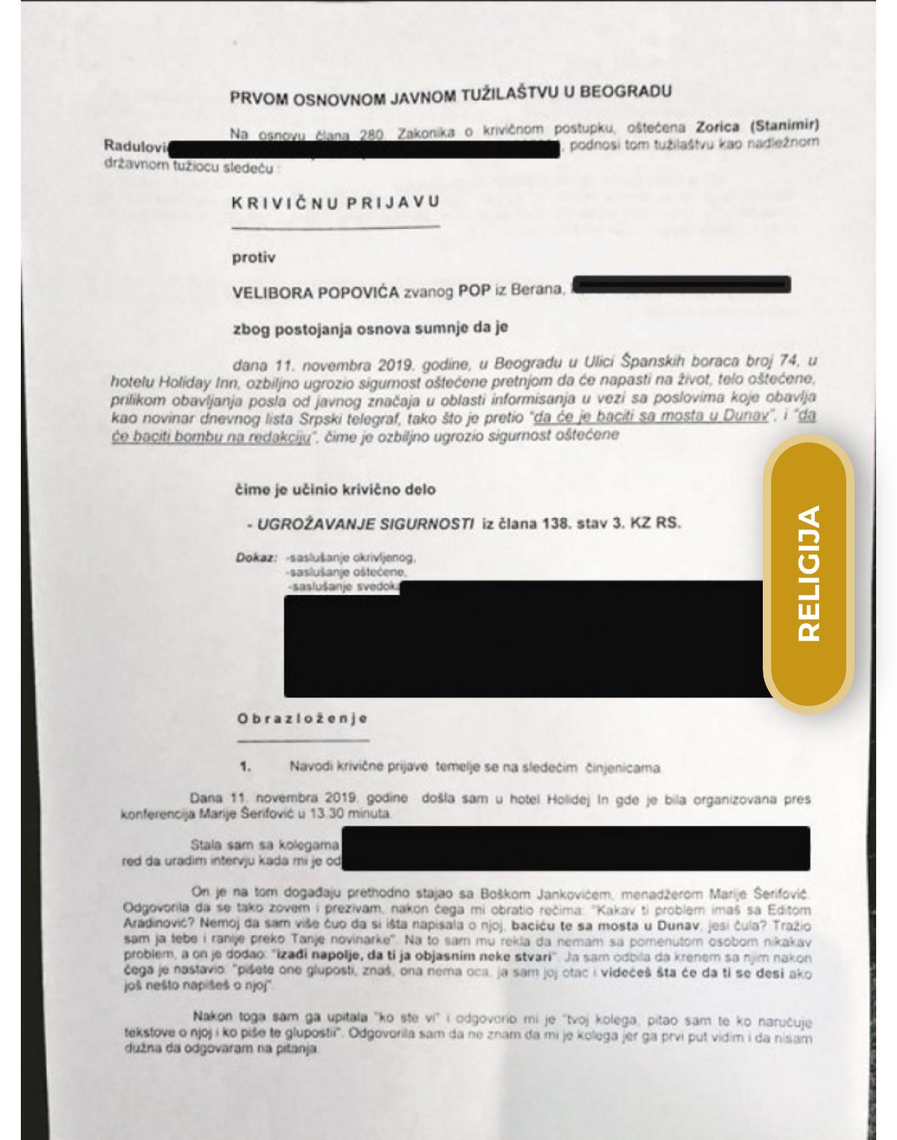 Krivična prijava protiv Velibora Popovića Popa od Zorice Radulović foto:Printscreen/mediji