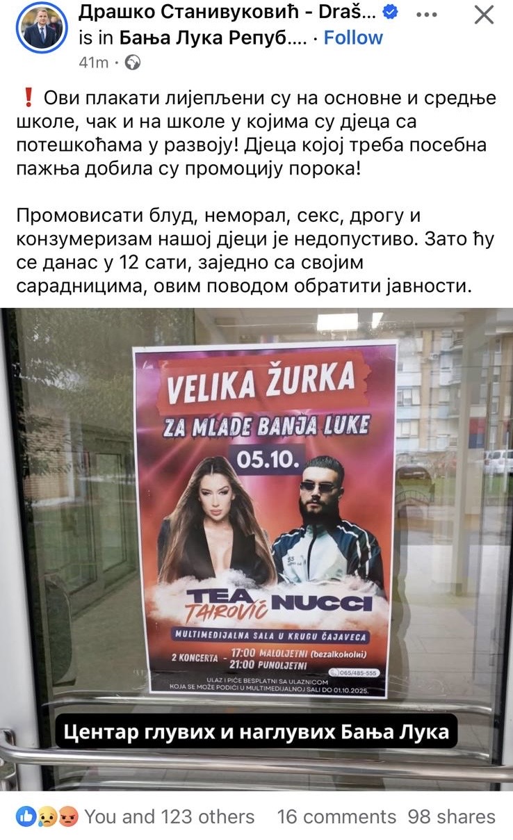 Gradonačelnik Banja Luke, Stanivuković: “Sramno da lepe plakate po školama promovišu deci blud i nemoral”