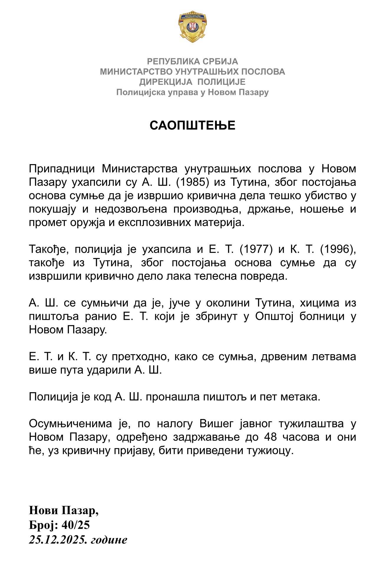 Tri osobe uhapšene zbog pokušaja teškog ubistva i nasilja u Tutinu